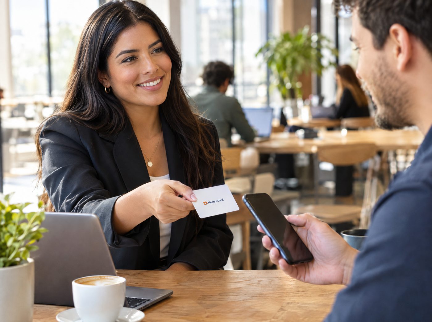 Una profesional entrega su tarjeta NostraCard a un cliente que sostiene su teléfono listo para acercarlo.